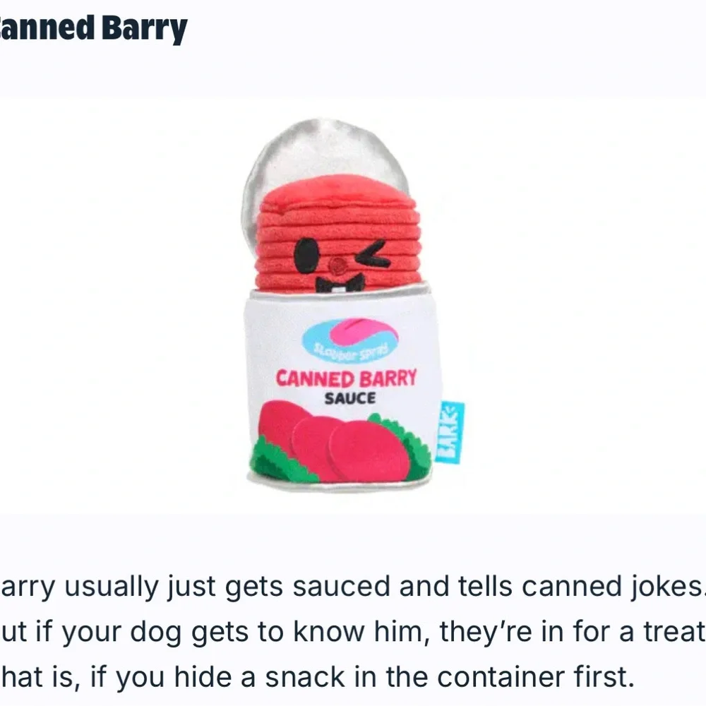 NWT Bark Canned Barry Sauce Dog Toy